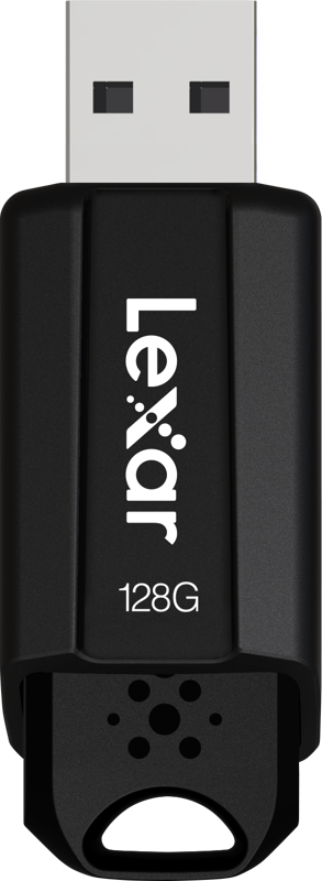 Lexar JumpDrive S80 -muistitikku (USB 3.1) 128 Gt on musta, suorakulmainen USB-asema, jossa lukee "128G" ja jonka pohjassa on avaimenperän reikä.