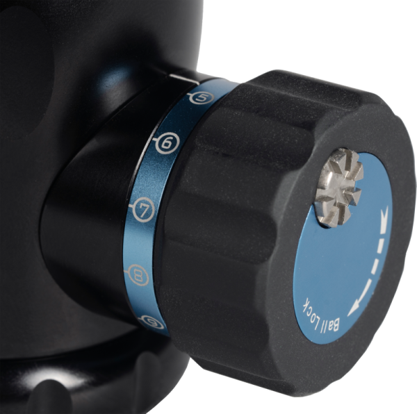 Close-up of the black and blue knob on the Sirui MT-20 Ballhead with numbered settings and a blue round label with the words BALL LOCK. The brushed edge of the knob provides a better grip.