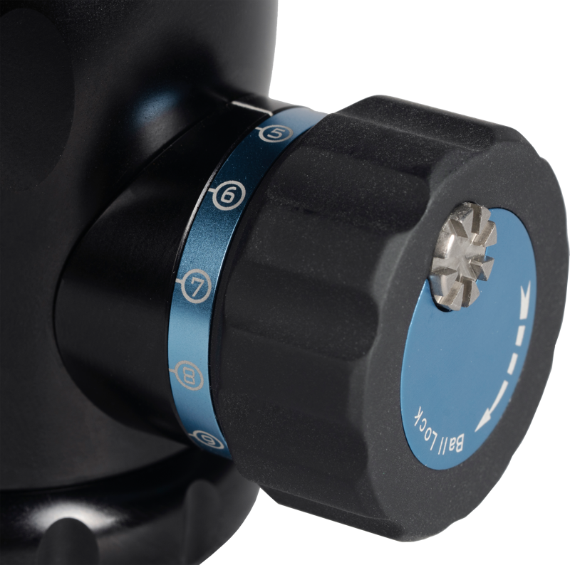 Close-up of the black and blue knob on the Sirui MT-20 Ballhead with numbered settings and a blue round label with the words BALL LOCK. The brushed edge of the knob provides a better grip.