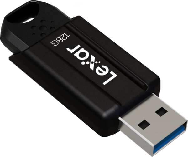 Lexar JumpDrive S80 -muistitikku (USB 3.1) 128 Gt on musta, siinä on hopeinen USB-liitin ja siinä on avaimenperän silmukka.