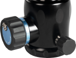 Close-up of the Sirui MT-20 ball head in black metal with textured knobs and blue ring with lock and unlock symbols.