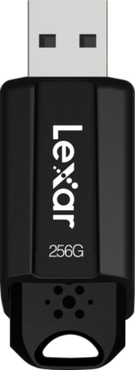 Lexar JumpDrive S80 -muistitikku (USB 3.1) 256 Gt, musta, seisoo pystyasennossa valkoisella pohjalla, ja etupuolella on Lexarin logo ja 256 G valkoisella painettuna.