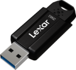 Lexar JumpDrive S80 -muistitikku (USB 3.1) 256 Gt on musta USB-asema, jossa on hopeinen liitin, sininen sisäreuna, "256G"-merkintä ja avaimenreikä avaimenperään kiinnittämistä varten.
