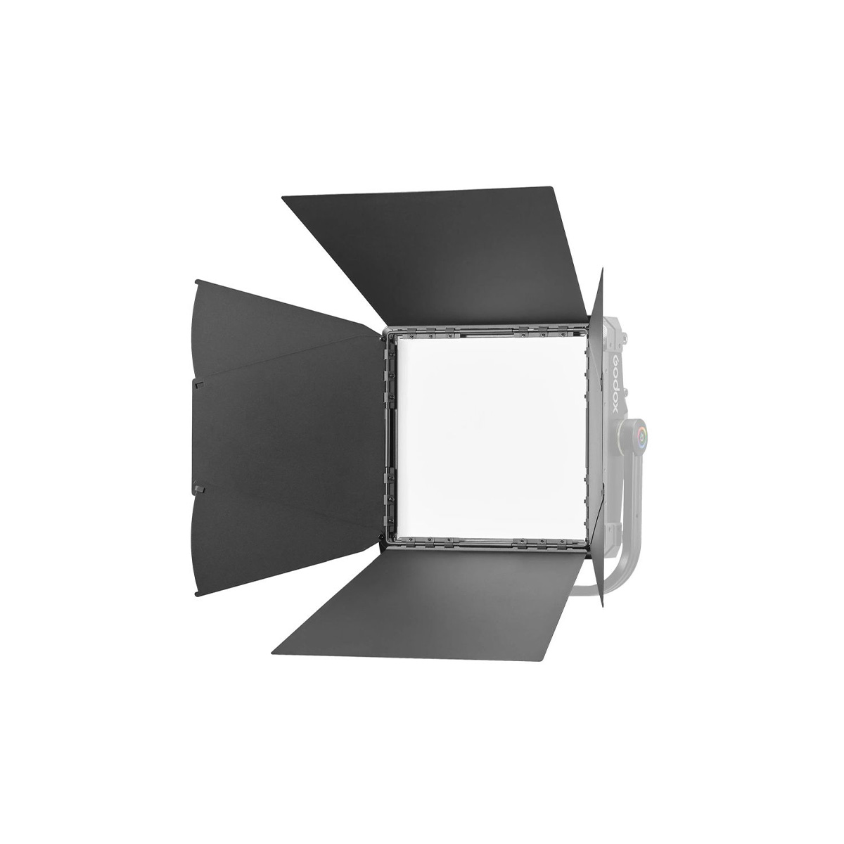 The Godox Barndoor For P300R, a quadrangular LED studio light with four adjustable black barn doors, is visible from the front against a white background.