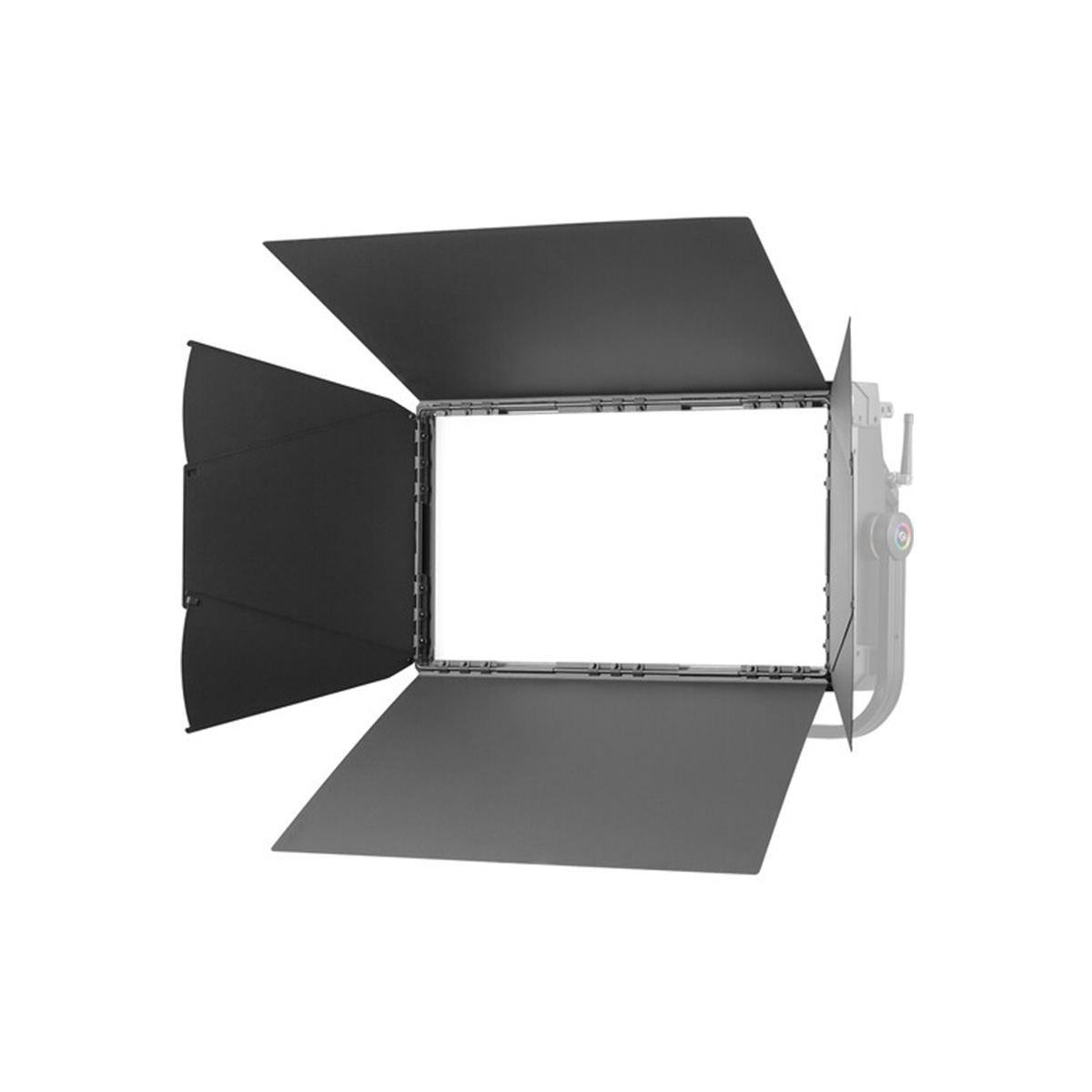 The Godox Barndoor For P600R is a rectangular studio light accessory with adjustable metal barn doors on all sides, shown mounted on a grey bracket against a white background.