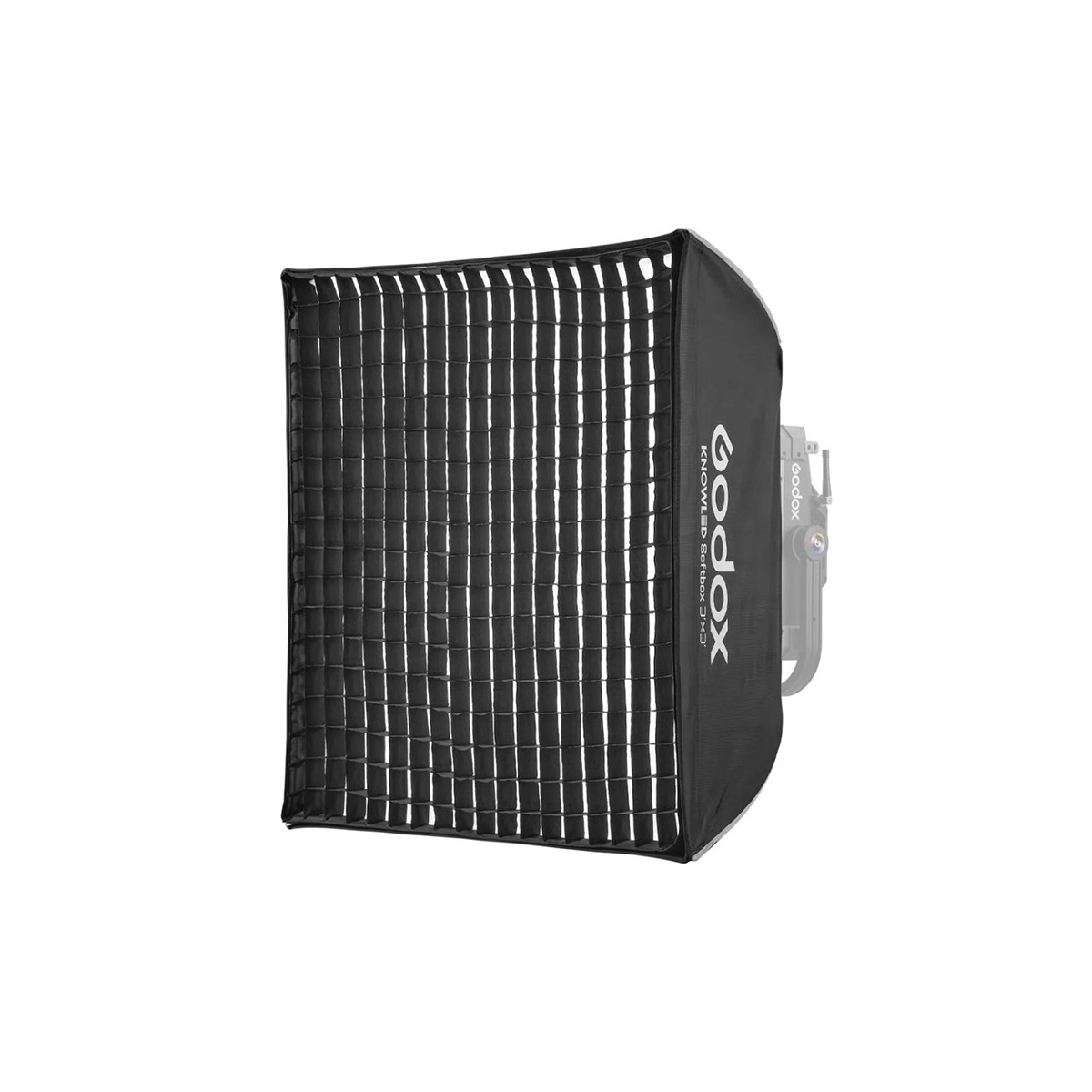 The Godox Rectangular Softbox 90x90 For P300R with lattice is pictured facing forward, with its rectangular shape and white Godox logo visible on the side. A studio light is partially visible behind it.