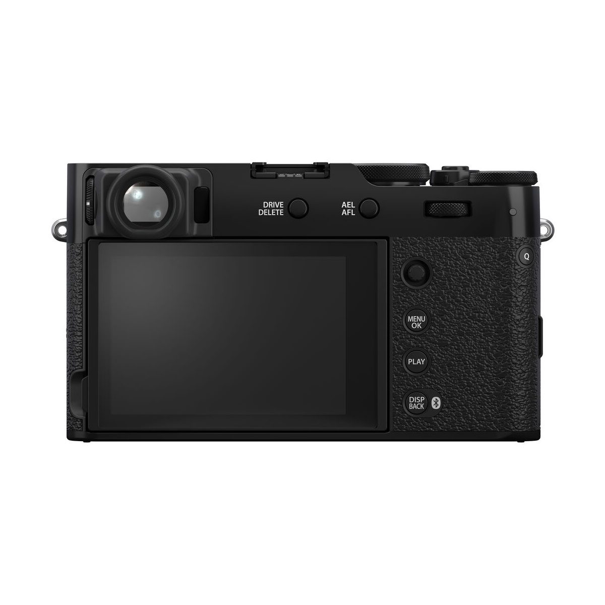 Fujifilm X100VI -kompaktikamera, musta, takanäkymä, jossa näkyy LCD-näyttö, oikealla olevat ohjauspainikkeet, kuvioitu kahva ja vasemmalla ylhäällä sijaitseva etsin.