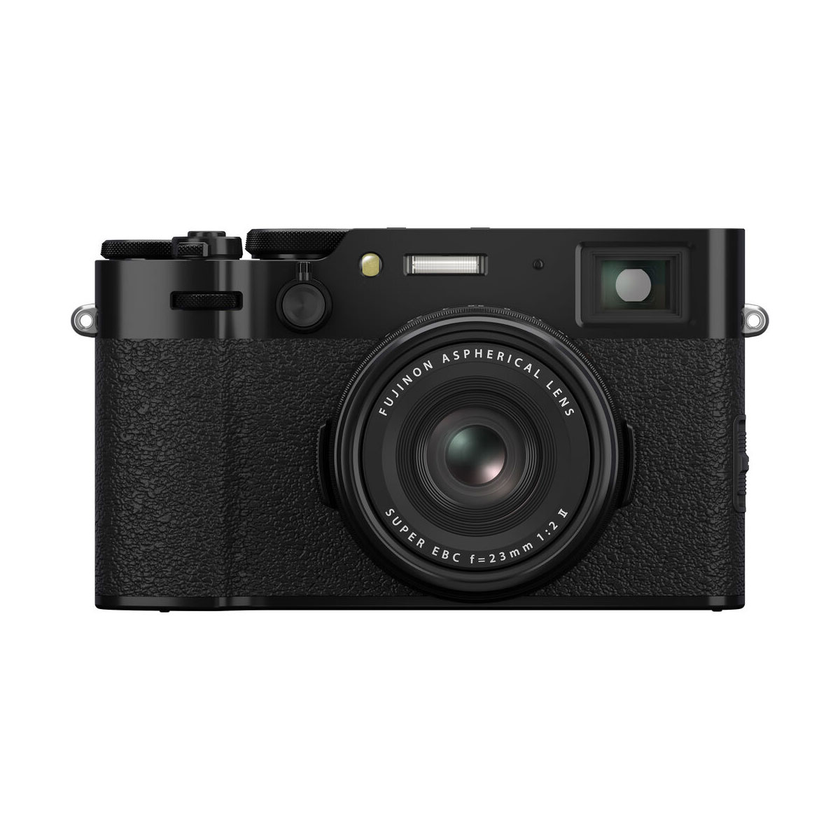 Etunäkymä Fujifilm X100VI -kompaktikamera, musta, jossa on kuvioitu kahva, näkyvästi valitsimet ja painikkeet, ja Fujinon asfäärinen objektiivi Super EBC 23mm 1:2.