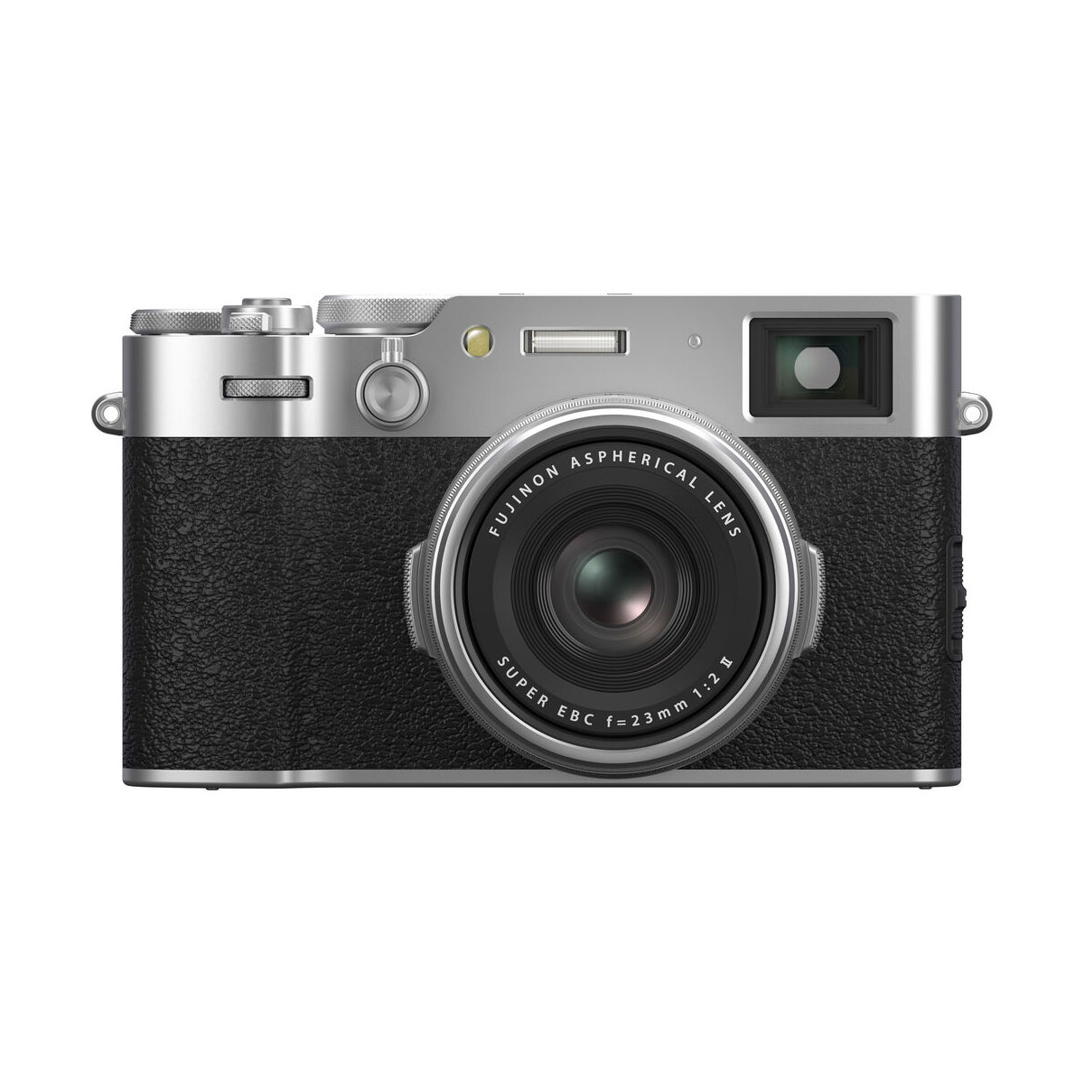 Fujifilm X100VI -kompaktikamera, hopea, on kompakti digitaalikamera, jossa on retromuotoilu, jossa on musta kuvioitu kahva, hopeinen ylä- ja alaosa, näkyvä keskuslinssi ja etsin oikeassa yläkulmassa.
