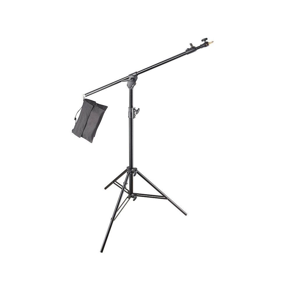 The Godox 420LB Light Boom Stand features a black tripod, an adjustable horizontal arm with a counterweight bag at one end and a mounting point for studio equipment at the other, shown against a white background.