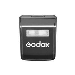 godox_v1_pro_canon_02 Godox V1 Pro -salama Canon kameroille on musta salamalaite, jossa on suorakulmainen salamaikkuna ja Godoxin logo salaman alapuolella edessä.