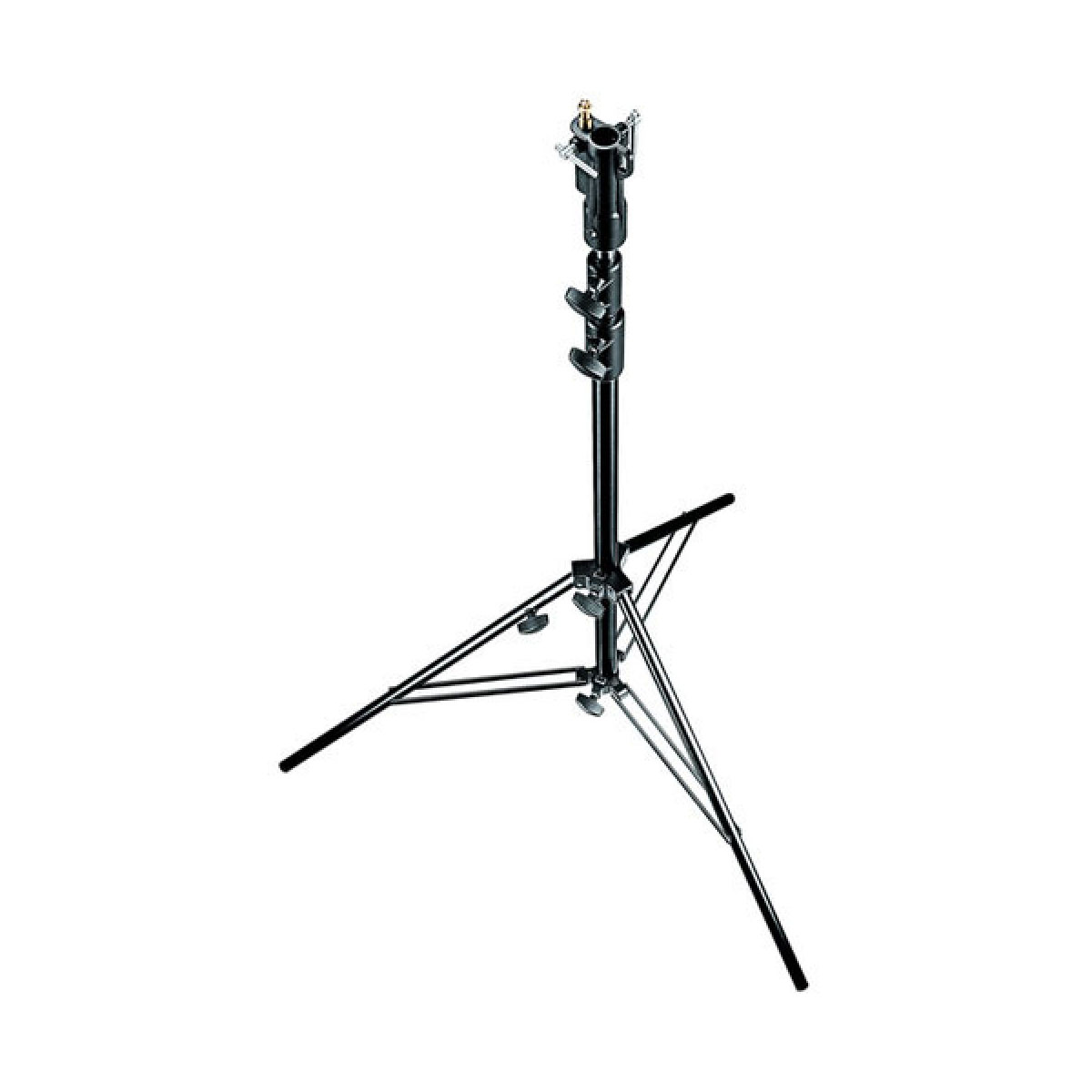 Manfrotto 007BSU Steel Senior Stand on musta, säädettävä metallinen kolmijalkainen kolmijalkainen ja lukitusmekanismilla varustettu kolmijalkainen jalusta, joka on suunniteltu valaisu- tai valokuvauslaitteiden tukemiseen.