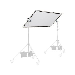 Manfrotto Scrim Kit 1 Pro All In One Medium 1.1 x 2m on suorakulmainen diffuusiokangas metallirungossa, jota pidetään kahdella pyörillä varustetulla valotelineellä. Tausta ja jalustojen osat on häivytetty valkoiseksi.