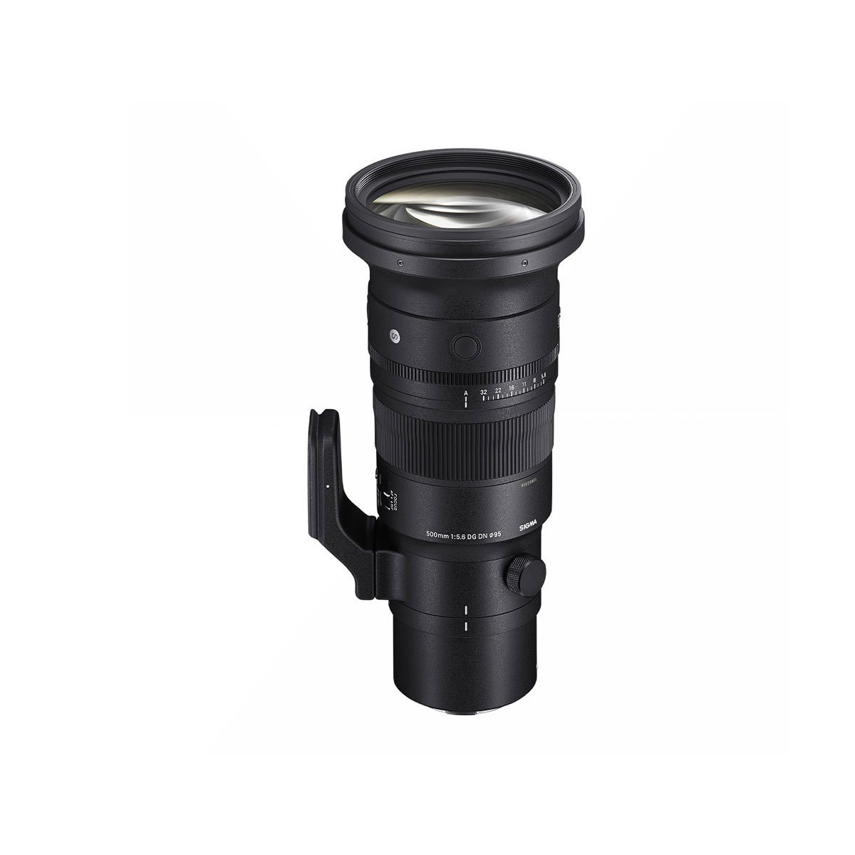 Sigma 500mm f/5.6 DG DN OS Sports -objektiivi Sonylle on musta teleobjektiivi, jossa on jalustakiinnityskaulus ja joka seisoo pystyssä valkoisella taustalla. Siinä on säädettävät tarkennus- ja zoomausrenkaat, joissa on merkityt asetukset.