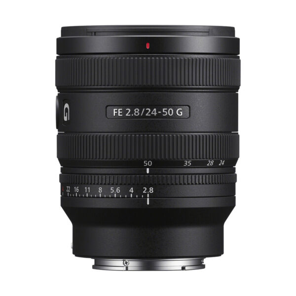 The black Sony FE 24-50mm f/2.8 G lens stands upright against a white background, with aperture and focal length markings visible. Get €100 cashback.