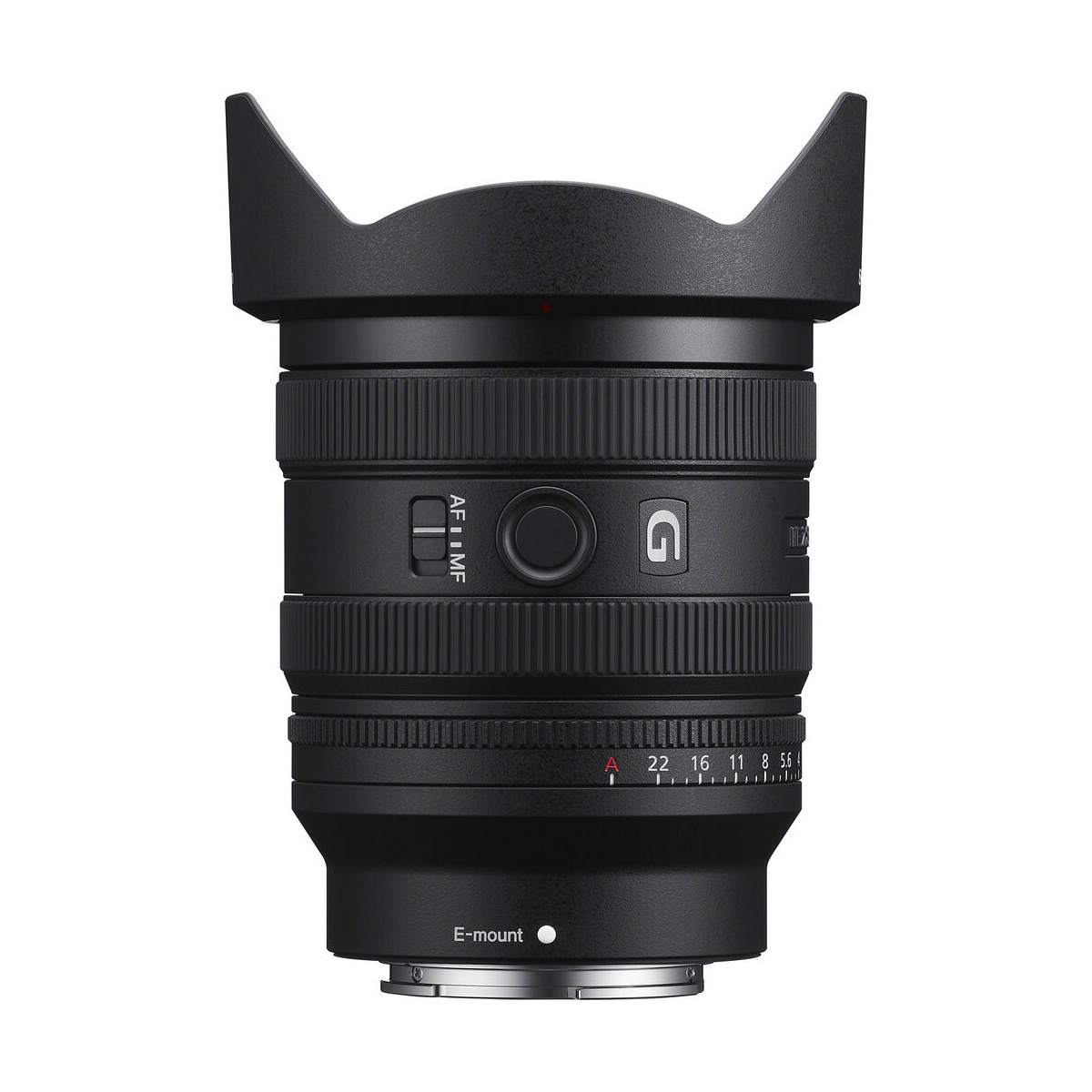 Sony FE 24-50mm f/2.8 G -objektiivi seisoo pystyasennossa valkoisella pohjalla ja näyttää zoomaus- ja tarkennusrenkaat, painikkeet, E-mount-merkinnän ja 200€:n ylimääräisen vaihtohyvityksen.