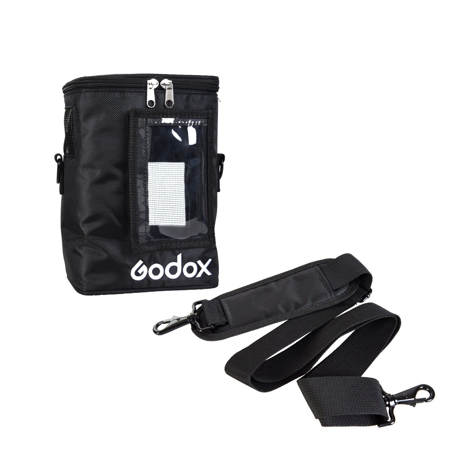 Godox PB-600 Bag for AD600 on musta kantolaukku, jossa on vetoketju, kirkas ikkuna, valkoinen logo ja irrotettava säädettävä olkahihna, jonka molemmissa päissä on kiinnikkeet.