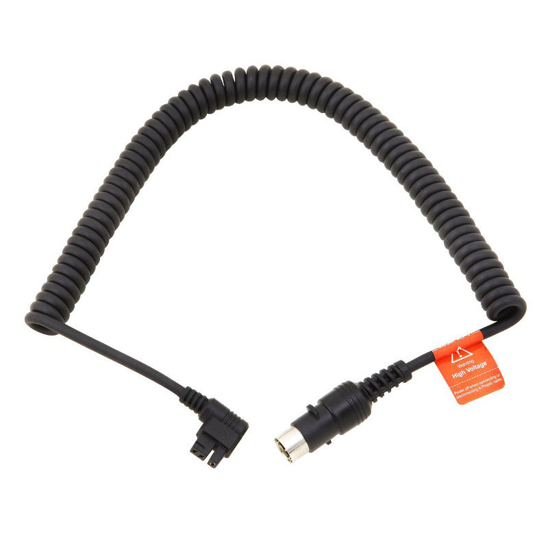 Godox Witstro Cable Type II 3m on musta kierretty kaapeli, jonka toisessa päässä on suorakulmainen liitin, toisessa päässä pyöreä metallinen moninastaliitin ja oranssi varoitusmerkki.