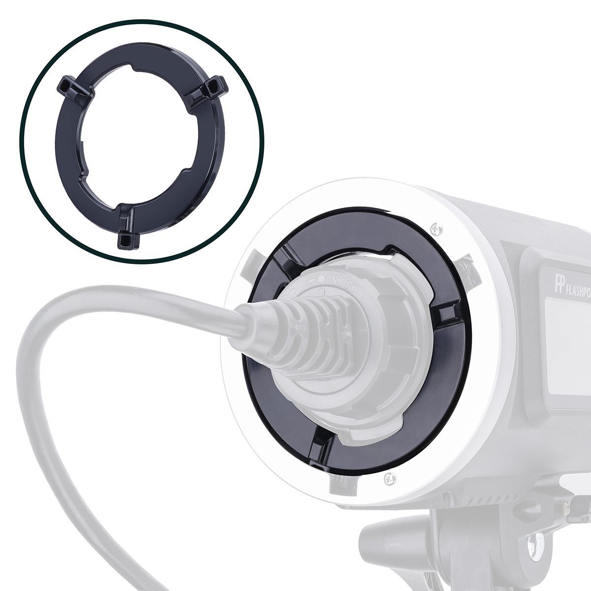 Close-up of the Godox AD600 Locking Ring Bowens Mount attached to the back of the studio light with the power cord connected; a separate view of the mount is shown in the upper left corner.