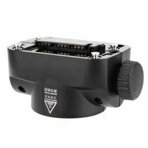 Close-up of the Godox H200J Bare Bulb Flash Head, a black camera accessory with gold pins, a tension knob on the side and white markings near its base.