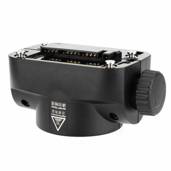 Close-up of the Godox H200J Bare Bulb Flash Head, a black camera accessory with gold pins, a tension knob on the side and white markings near its base.
