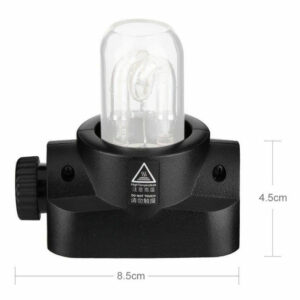 The Godox H200J Bare Bulb flashlight head is a black device with a clear glass bulb at the top, a warning sign, a side control knob and measures 8.5 cm wide and 4.5 cm high.