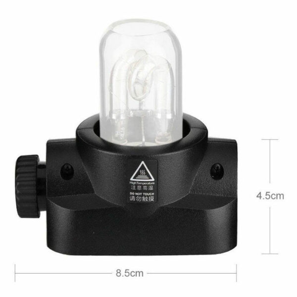 The Godox H200J Bare Bulb flashlight head is a black device with a clear glass bulb at the top, a warning sign, a side control knob and measures 8.5 cm wide and 4.5 cm high.