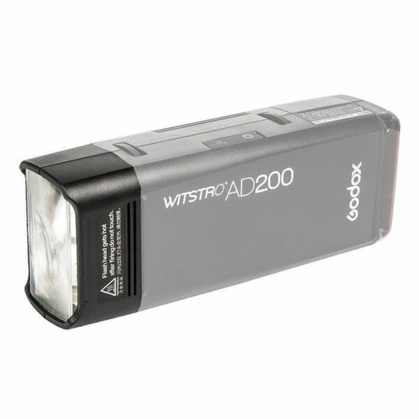 Suorakulmainen Godox H200 Speedlite -salamapää, jossa on musta runko, kirkas salamapää ja näkyvä tuotemerkki sivussa valkoisella pohjalla.
