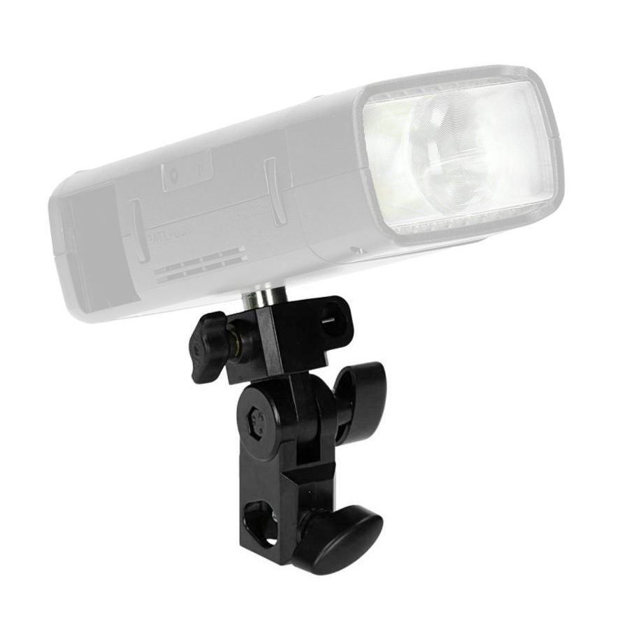 The Godox Swivel AD200 is a black tripod with adjustable knobs and a semi-transparent camera flash unit above. Designed for attaching accessories to photographic equipment.