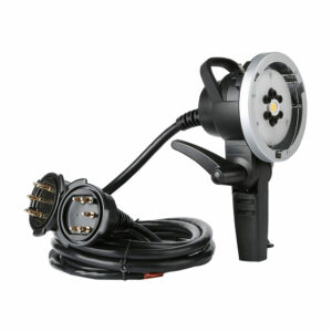 The Godox AD-H1200B Bowens portable flash head features a black coiled cable with a round plug, and a handheld flash head with a trigger and metal face on a white background.