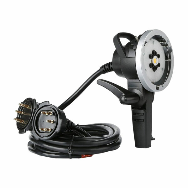 The Godox AD-H1200B Bowens portable flash head features a black coiled cable with a round plug, and a handheld flash head with a trigger and metal face on a white background.