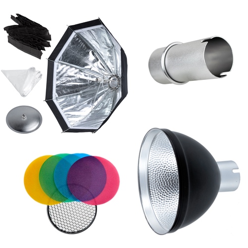 The Godox AD200 accessory kit includes a silver umbrella reflector, metal barrier tube, conical reflector, coloured gel filters, honeycomb mesh, black holders and a white diffuser for photographic lighting.