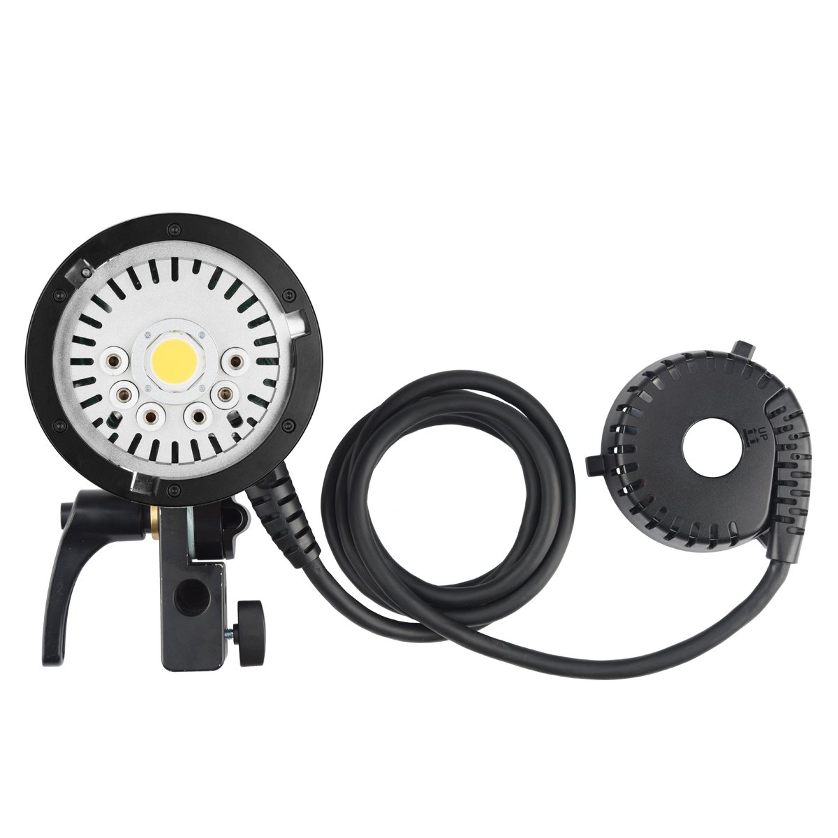 Godox H600P - AD600PRO External flash head 600ws Bowens, with mounting bracket, connected by a twisted cable to a separate circular control unit, both shown on a white background.