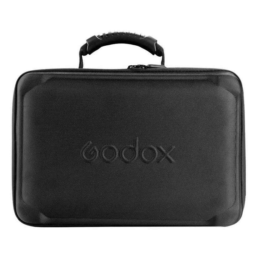 The Godox carrying case for the AD400 PRO is a black, hard-shell bag with a textured surface, a sturdy handle and the Godox logo on the front.