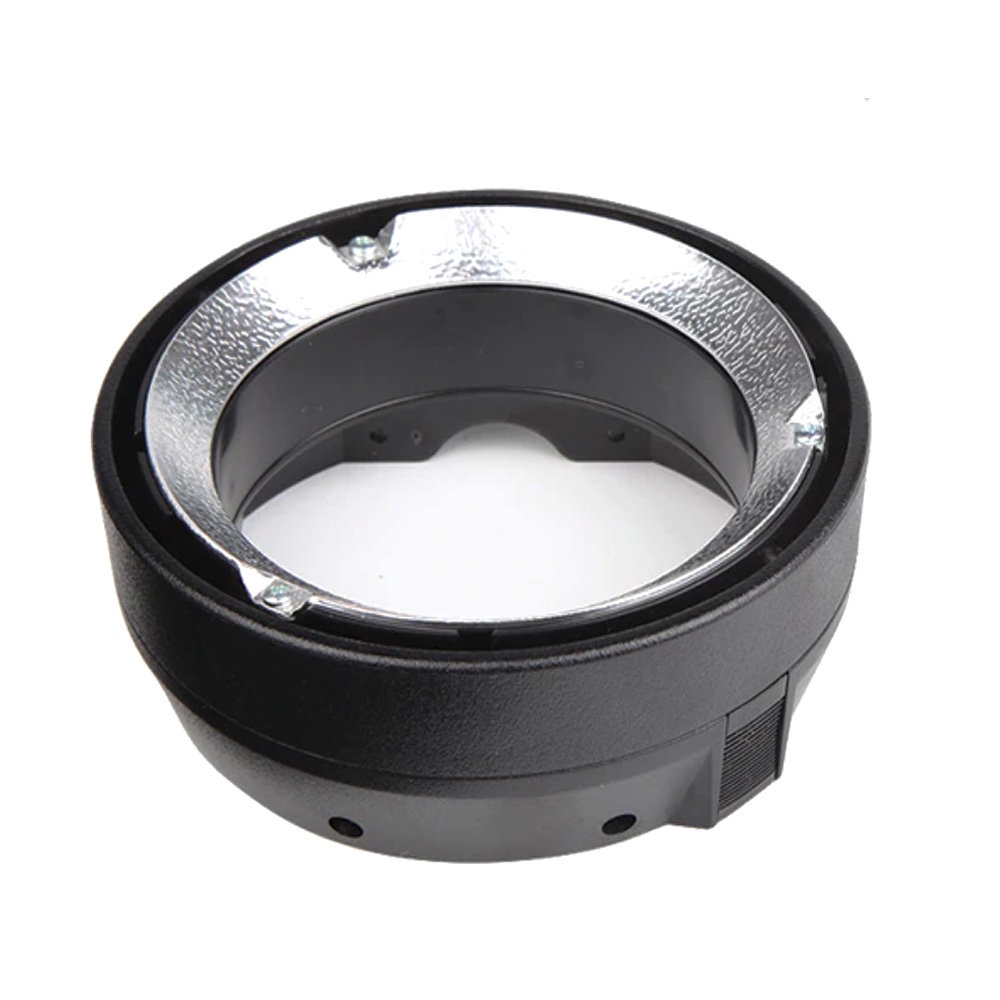 Close-up of the Godox Elinchrom mount for AD400 / AD300 PRO, a black circular accessory with reflective silver inner surface and visible screws on the outer edge.
