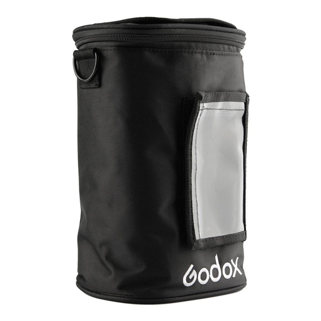 The Godox PB-600P Portable Bag for AD600Pro is a black cylindrical bag with zippered top, side handle loop, transparent front pocket and Godox logo printed near the bottom.