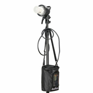 1560261311_816 Studio light with stand with cables and black Godox PB-600P Portable Bag for AD600Pro with transparent window and zippered flap attached under the light.