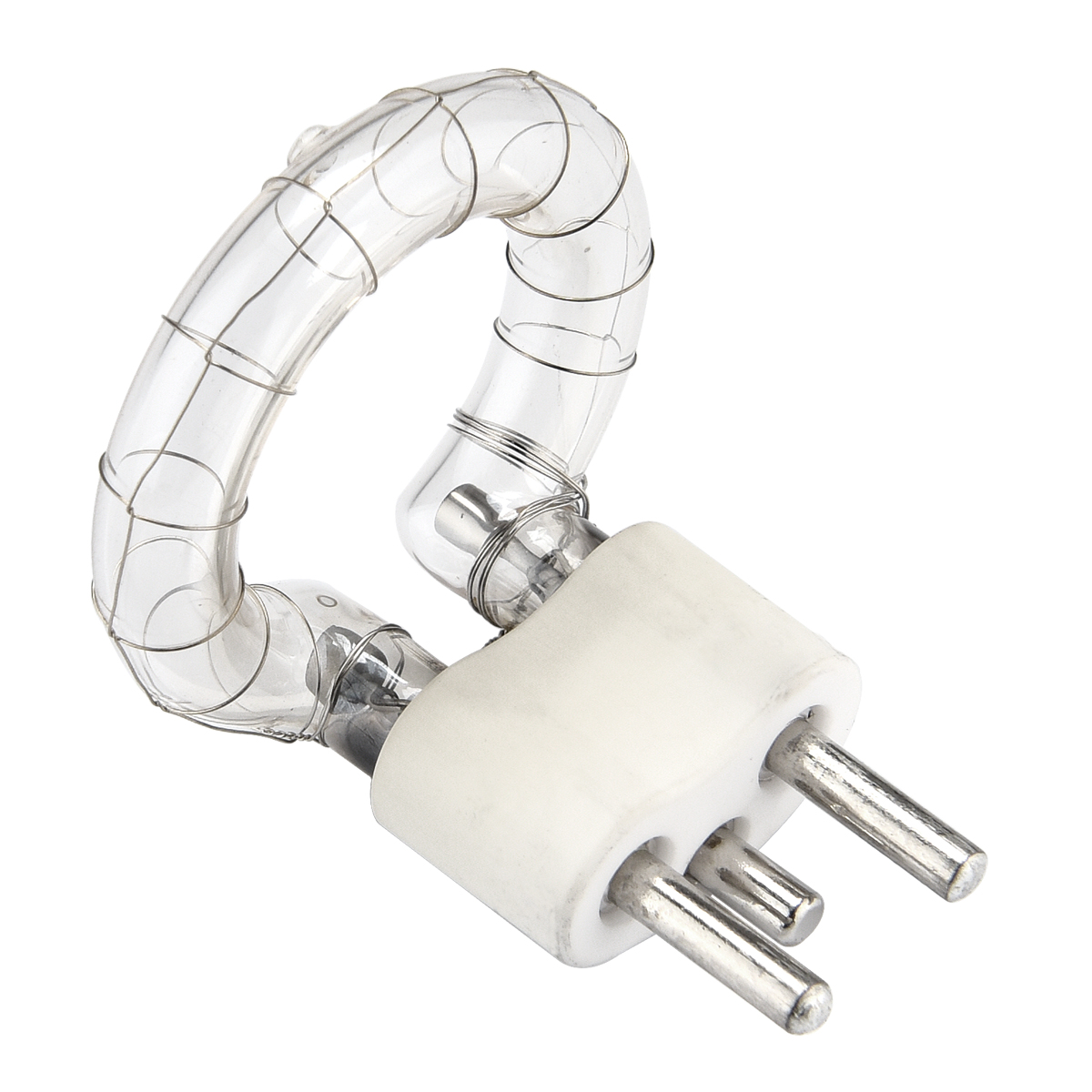 Close-up of the Godox flash tube for the AD300Pro, featuring a twisted round xenon glass tube with a white ceramic base and three metal spikes and visible internal wire electrodes.