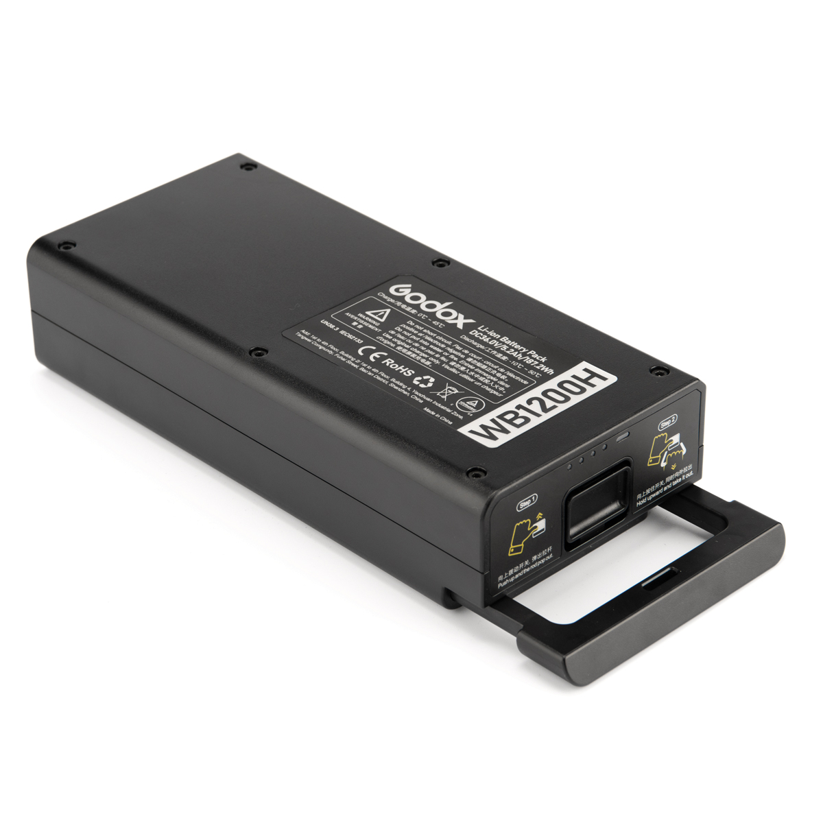 Musta Godoxin litiumakku AD1200 Pro 5200mAh, jossa on näkyvä etiketti, kaksi liitäntäporttia ja musta kahva, joka ulottuu toisesta päästä ulospäin.