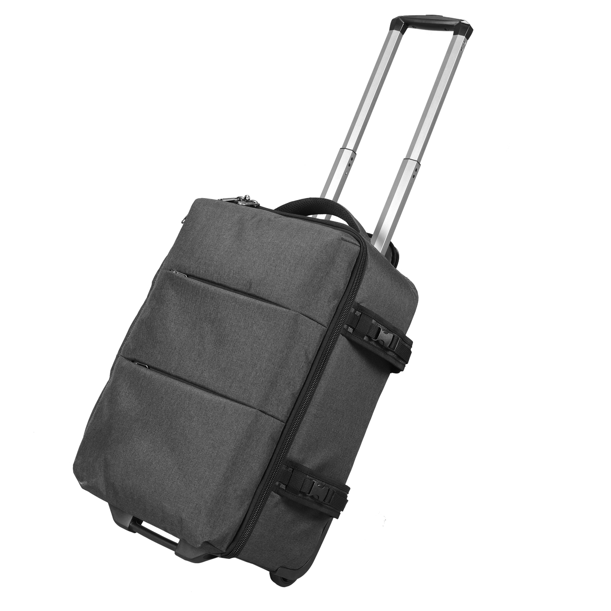 Godox CB-17 Carry Roller Bag AD1200 Pro on harmaa matkalaukku, jossa on pidennetty teleskooppikahva, kaksi vetoketjullista etutaskua ja sivuhihnat.