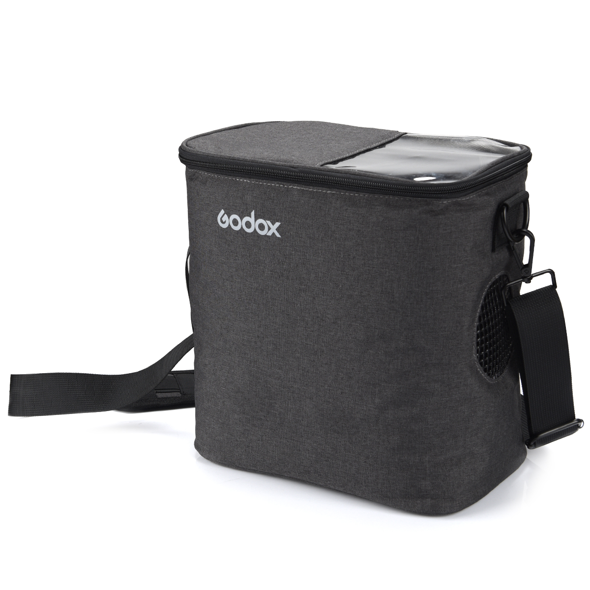 Godox CB-18 -kantolaukku AD1200 Pro Flash Body on tummanharmaa laukku, jossa on olkahihna, tuuletusaukko sivussa ja vetoketjullinen kansi, joka on suunniteltu salamalaitteiden helppoon kuljetukseen.