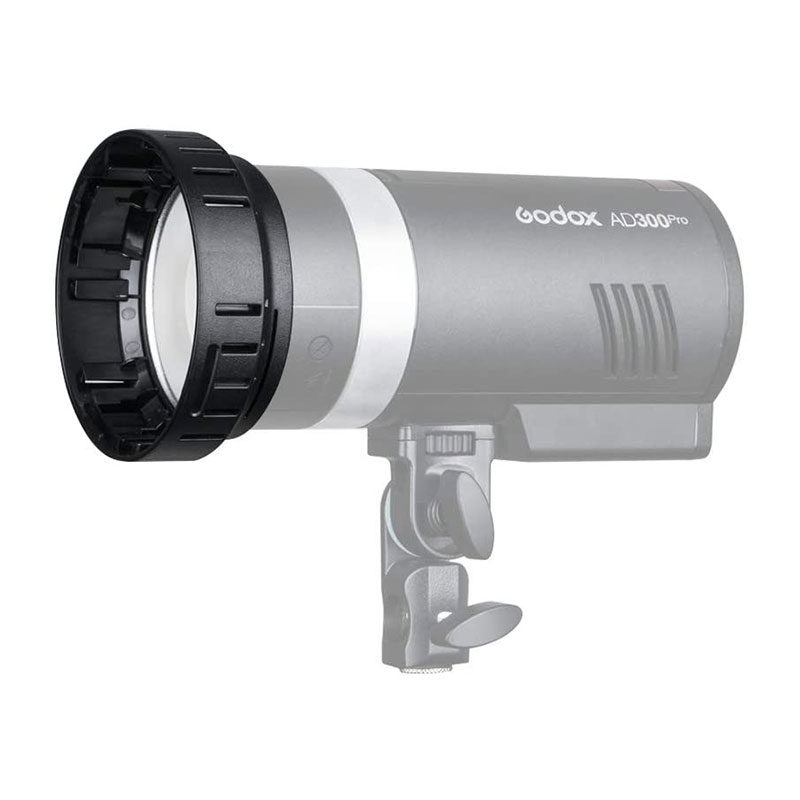 Godox AD-AS AD300 Pro Adapter studio strobe light in grey and black, mounted on a stand with knobs, against a white background.