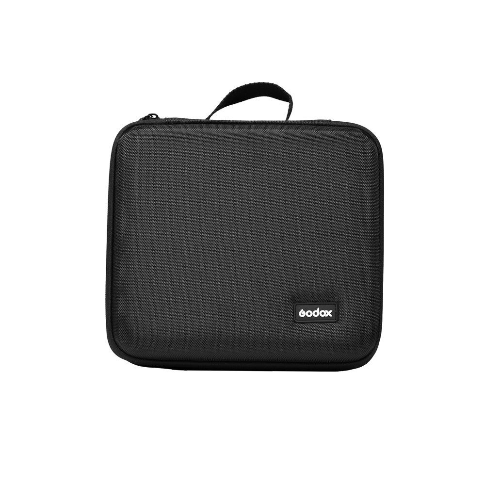 The Godox carrying case for one AD300Pro camera is a black, rectangular zippered bag with a textured surface, top handle and a small Godox logo plaque in the lower right corner against a white background.