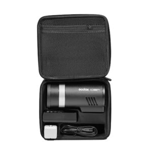 The Godox Carry Bag for single AD300Pro is a black zippered bag with foam pockets for neatly organizing the AD300Pro flashlight, charger, battery and power cord.