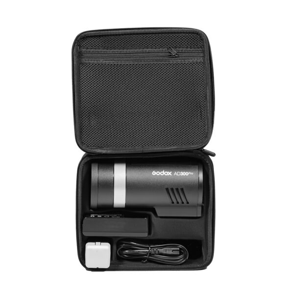 The Godox Carry Bag for single AD300Pro is a black zippered bag with foam pockets for neatly organizing the AD300Pro flashlight, charger, battery and power cord.