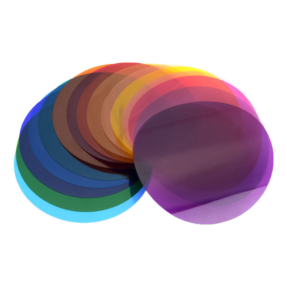 Godox VSA-11C Color Effects Set sisältää viuhkanmuotoisen joukon läpikuultavia, pyöreitä suodattimia sinistä, vihreää, ruskeaa, punaista, oranssia, keltaista ja violettia valkoista taustaa vasten.