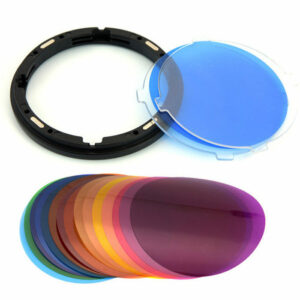 Godox VSA-11C Color Effects Set sisältää pyöreitä linssisuodattimia sinistä, violettia, punaista, oranssia ja keltaista, jotka ovat viuhkanmuotoisia ja joissa on musta suodatinpidike.