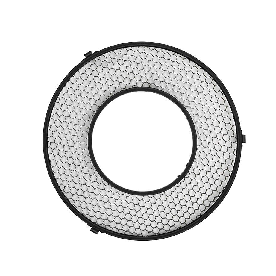 Godox BD-09B Grid for R1200 Ring Flash Reflector (40°, 6mm) on pyöreä musta hunajakennoristikko, jossa on suuri keskiaukko, ylhäältä katsottuna valkoisella pohjalla; ihanteellinen valonmuokkain valokuvaukseen tai videokuvaukseen.