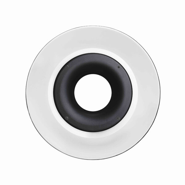 Godox RFT-21 Ring Flash Reflector for R1200 White on pyöreä mustavalkoinen lisävaruste, jossa on ontto keskusta ja joka näkyy ylhäältä valkoista taustaa vasten.