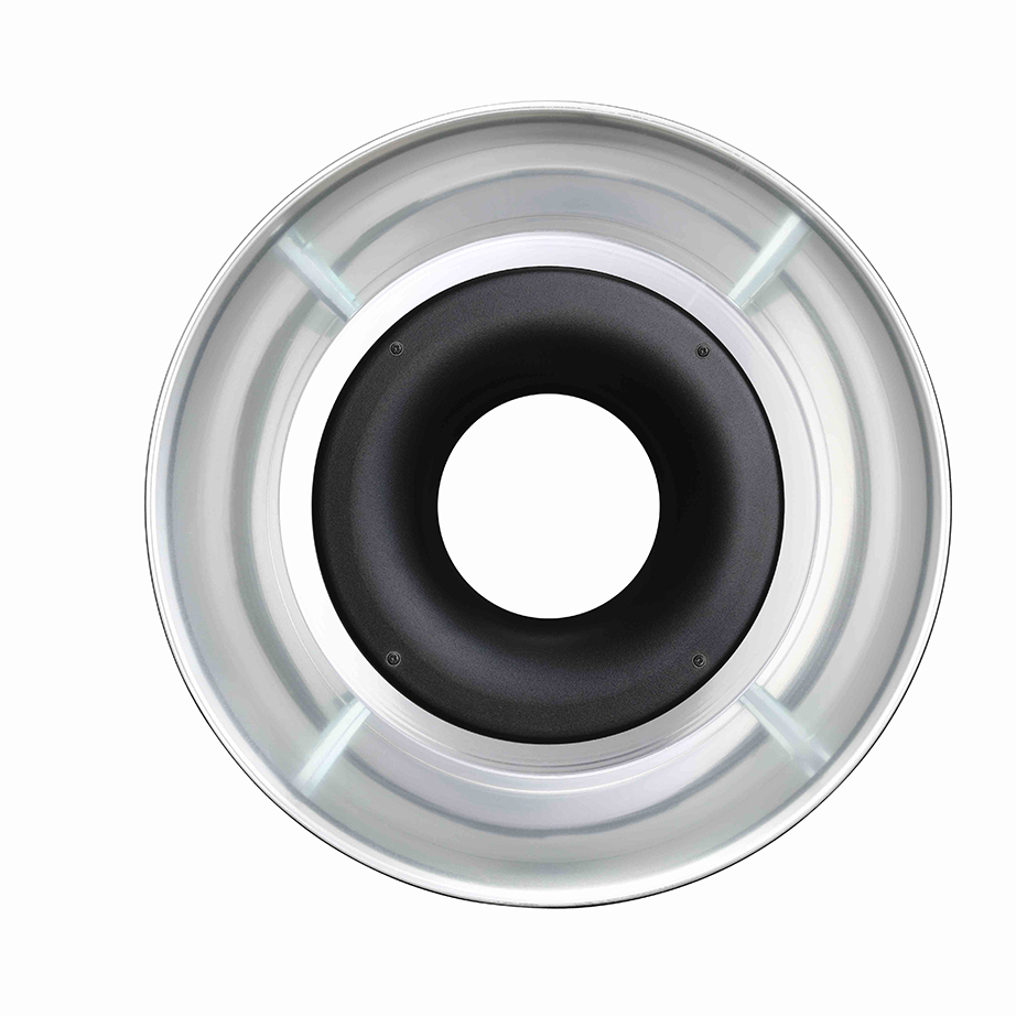 Ylhäältä alaspäin näkymä Godox RFT-21 Ring Flash Reflector for R1200 -valaisimesta, jossa on moderni pyöreä LED-muotoilu mustalla keskellä ja metallisella ulkoreunalla, eristettynä valkoiselle taustalle.